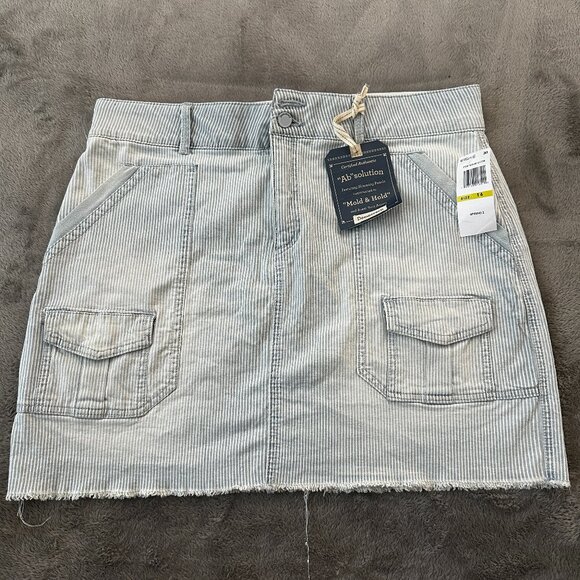 NWT Democracy Ab Solution Denim Skirt Women's 14 Blue Striped Cargo Raw Hem - Picture 1 of 7